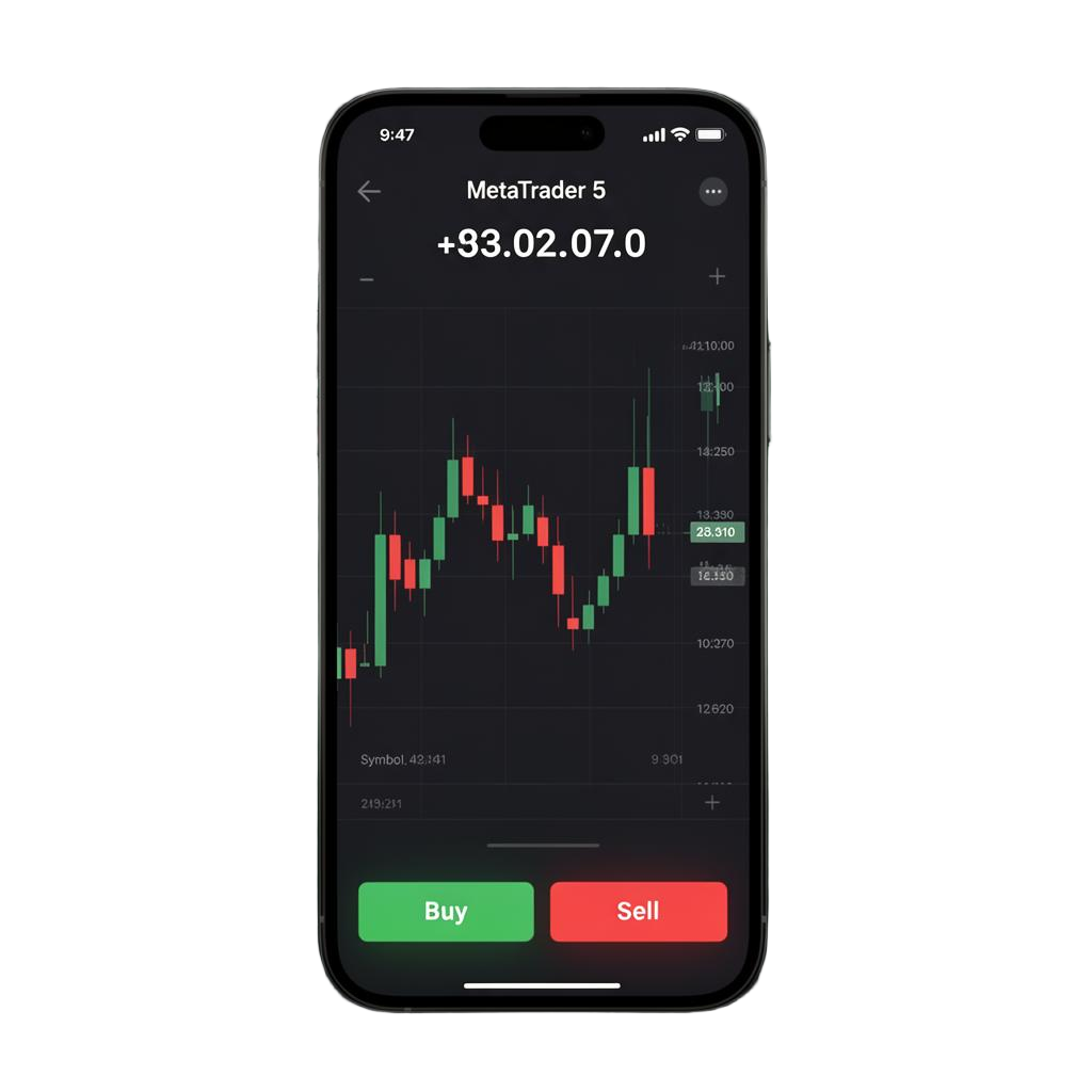 iPhone App mockup showing MetaTrader 5